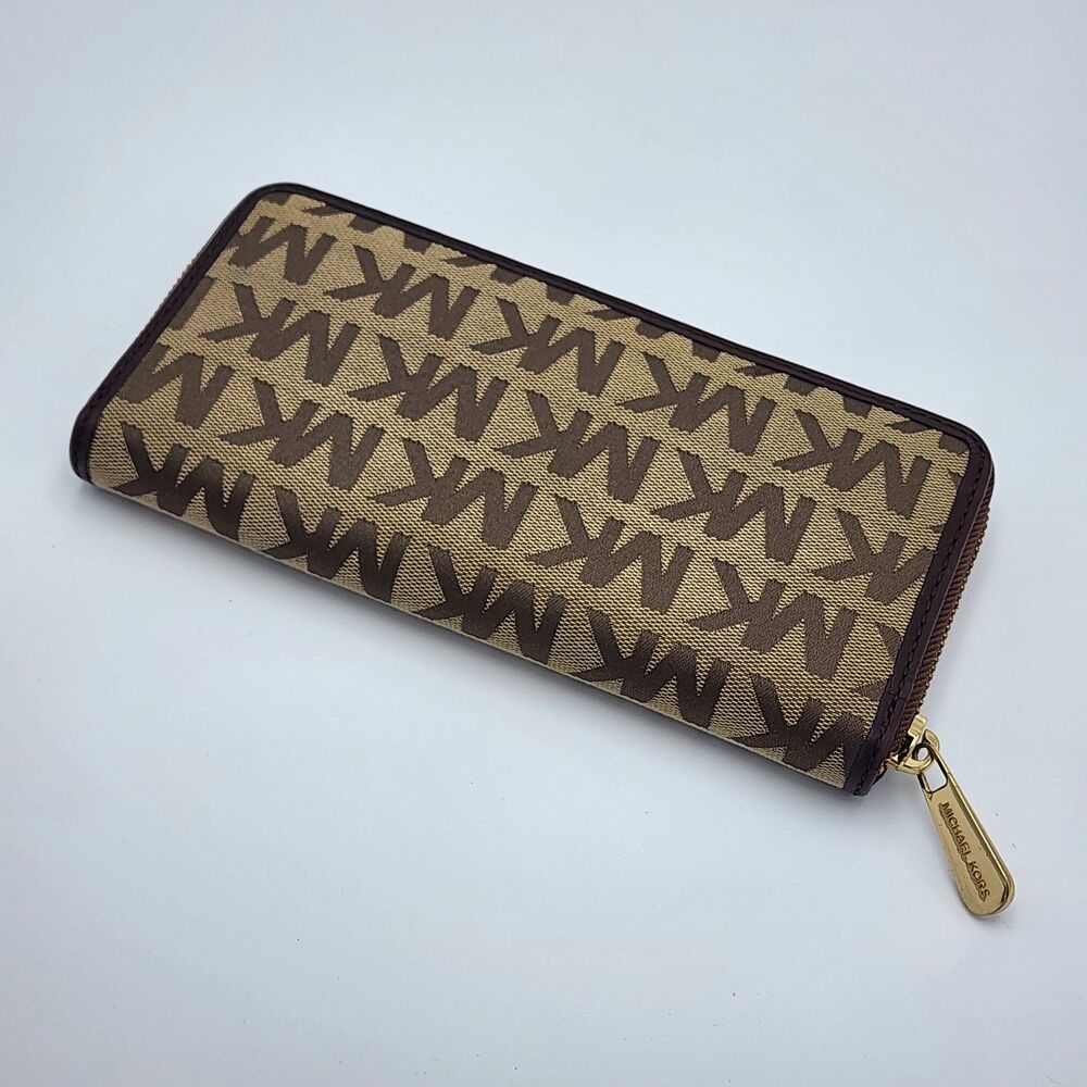 Michael Kors Signature MK Logo Jacquard Brown Tan Continental Zip Wallet - Picture 2 of 8